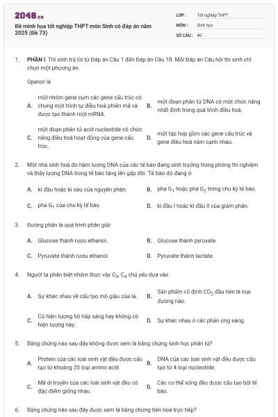 Đề minh họa tốt nghiệp THPT môn Sinh có đáp án năm 2025 (Đề 73)
