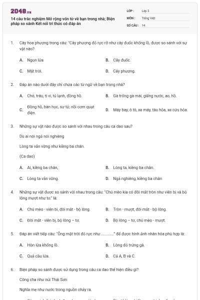 14 câu trắc nghiệm Mở rộng vốn từ về bạn trong nhà; Biện pháp so sánh Kết nối tri thức có đáp án