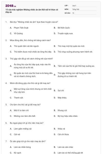 15 câu trắc nghiệm Những chiếc áo ấm Kết nối tri thức có đáp án