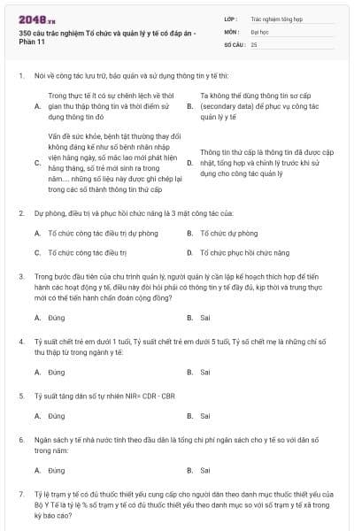 350 câu trắc nghiệm Tổ chức và quản lý y tế có đáp án - Phần 11