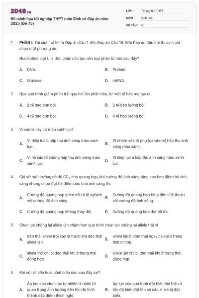 Đề minh họa tốt nghiệp THPT môn Sinh có đáp án năm 2025 (Đề 75)