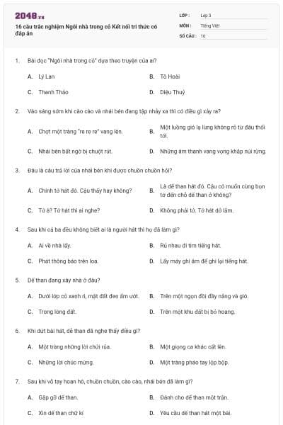 16 câu trắc nghiệm Ngôi nhà trong cỏ Kết nối tri thức có đáp án