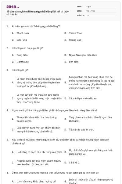 15 câu trắc nghiệm Những ngọn hải đăng Kết nối tri thức có đáp án