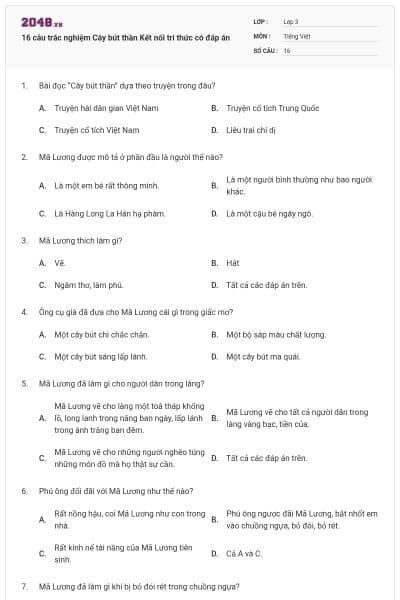 16 câu trắc nghiệm Cây bút thần Kết nối tri thức có đáp án