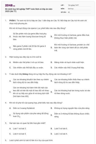 Đề minh họa tốt nghiệp THPT môn Sinh có đáp án năm 2025 (Đề 77)