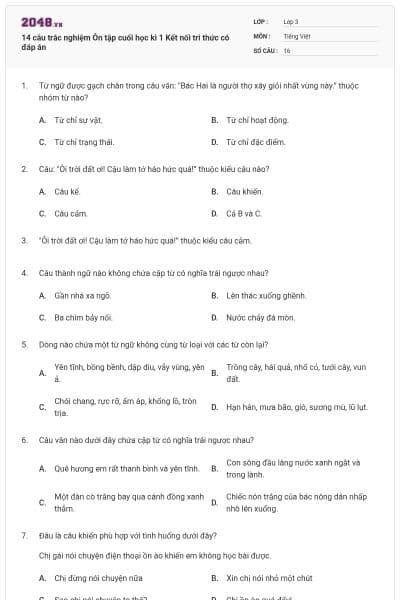 14 câu trắc nghiệm Ôn tập cuối học kì 1 Kết nối tri thức có đáp án