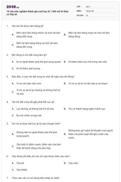 10 câu trắc nghiệm Đánh giá cuối học kì 1 Kết nối tri thức có đáp án