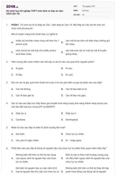 Đề minh họa tốt nghiệp THPT môn Sinh có đáp án năm 2025 (Đề 78)