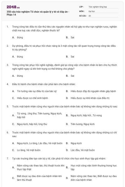 350 câu trắc nghiệm Tổ chức và quản lý y tế có đáp án - Phần 14