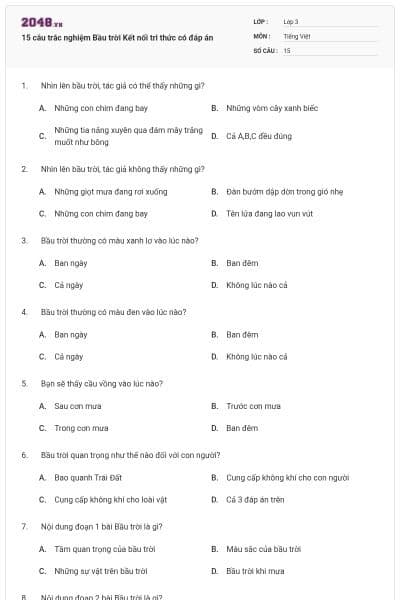 15 câu trắc nghiệm Bầu trời Kết nối tri thức có đáp án