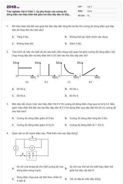 Trắc nghiệm Vật lí 9 Bài 1: Sự phụ thuộc của cường độ dòng điện vào hiệu điện thế giữa hai đầu dây dẫn có đáp án (Mới nhất)