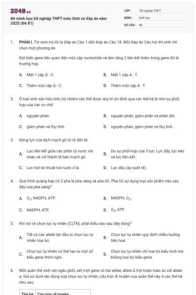 Đề minh họa tốt nghiệp THPT môn Sinh có đáp án năm 2025 (Đề 81)