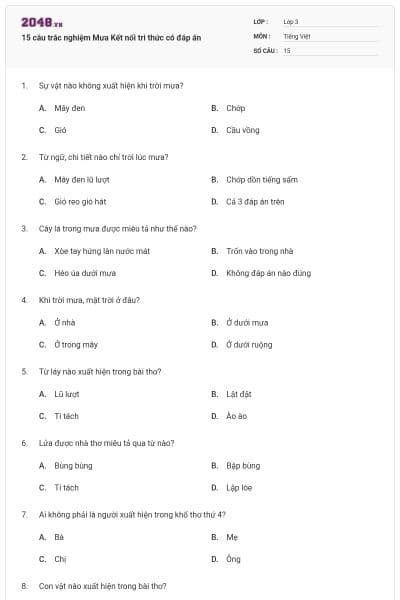 15 câu trắc nghiệm Mưa Kết nối tri thức có đáp án