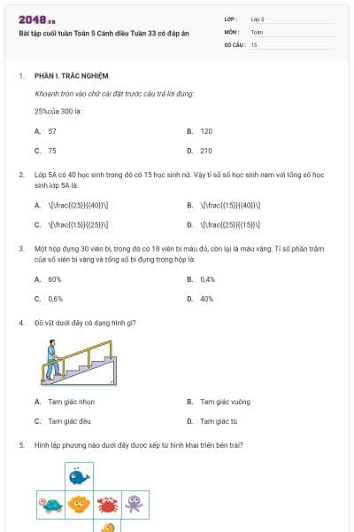 Bài tập cuối tuần Toán 5 Cánh diều Tuần 33 có đáp án