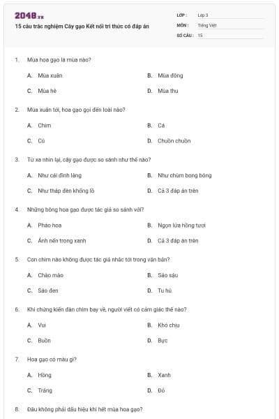 15 câu trắc nghiệm Cây gạo Kết nối tri thức có đáp án