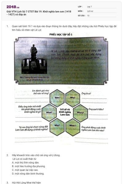 Giải VTH Lịch Sử 7 CTST Bài 19. Khởi nghĩa lam sơn (1418 - 1427) có đáp án
