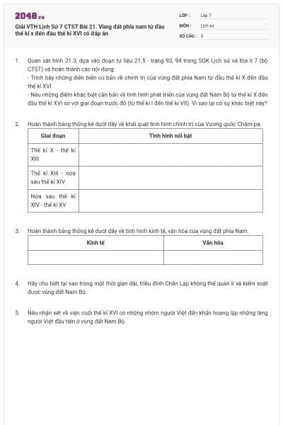 Giải VTH Lịch Sử 7 CTST Bài 21. Vùng đất phía nam từ đầu thế kỉ x đến đầu thế kỉ XVI có đáp án