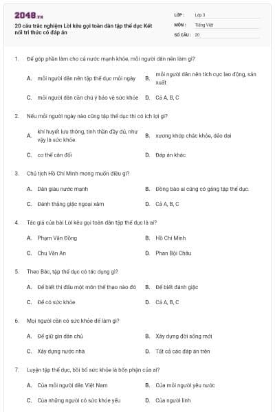 20 câu trắc nghiệm Lời kêu gọi toàn dân tập thể dục Kết nối tri thức có đáp án