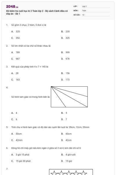 Đề kiểm tra cuối học kì 2 Toán lớp 2 - Bộ sách Cánh diều có đáp án - Đề 1