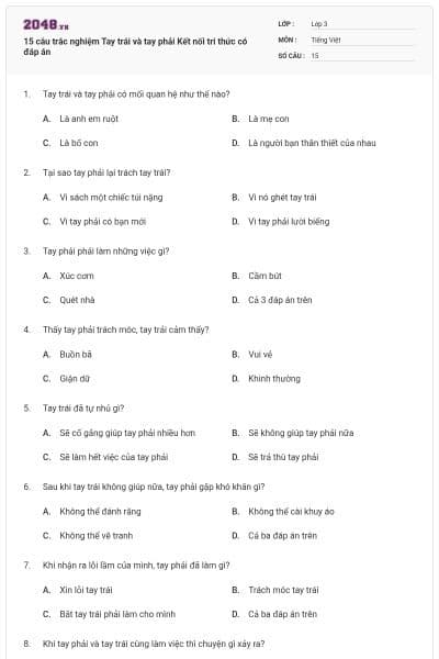 15 câu trắc nghiệm Tay trái và tay phải Kết nối tri thức có đáp án