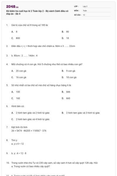 Đề kiểm tra cuối học kì 2 Toán lớp 2 - Bộ sách Cánh diều có đáp án - Đề 4