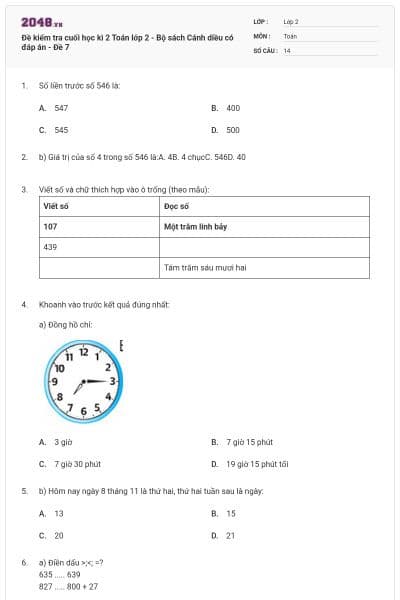 Đề kiểm tra cuối học kì 2 Toán lớp 2 - Bộ sách Cánh diều có đáp án - Đề 7