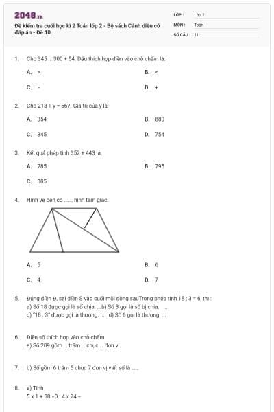 Đề kiểm tra cuối học kì 2 Toán lớp 2 - Bộ sách Cánh diều có đáp án - Đề 10
