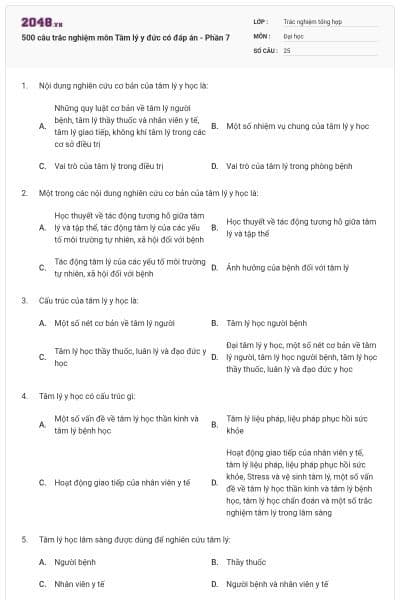 500 câu trắc nghiệm môn Tâm lý y đức có đáp án - Phần 7