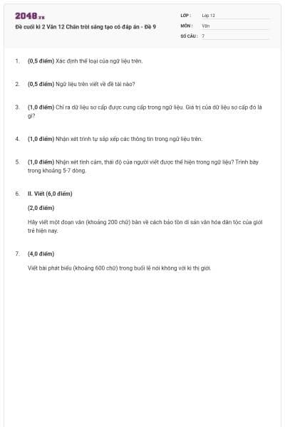 Đề cuối kì 2 Văn 12 Chân trời sáng tạo có đáp án - Đề 9