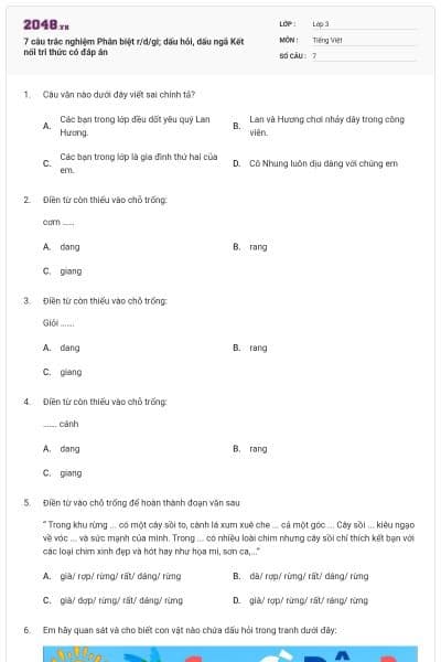 7 câu trắc nghiệm Phân biệt r/d/gi; dấu hỏi, dấu ngã Kết nối tri thức có đáp án