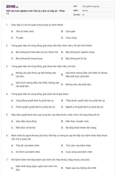 500 câu trắc nghiệm môn Tâm lý y đức có đáp án - Phần 11