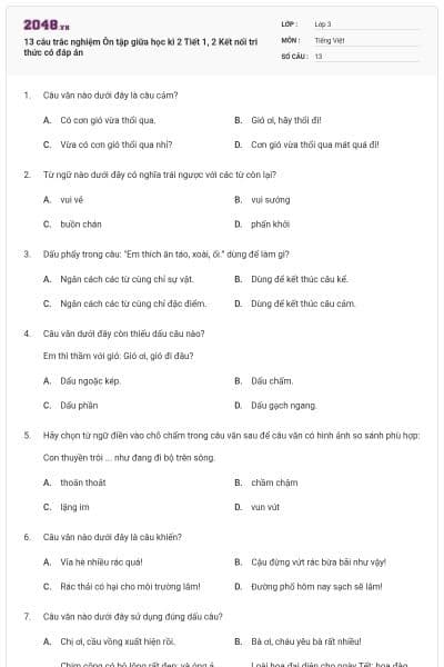 13 câu trắc nghiệm Ôn tập giữa học kì 2 Tiết 1, 2 Kết nối tri thức có đáp án