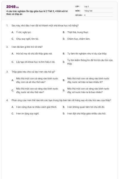 4 câu trắc nghiệm Ôn tập giữa học kì 2 Tiết 3, 4 Kết nối tri thức có đáp án