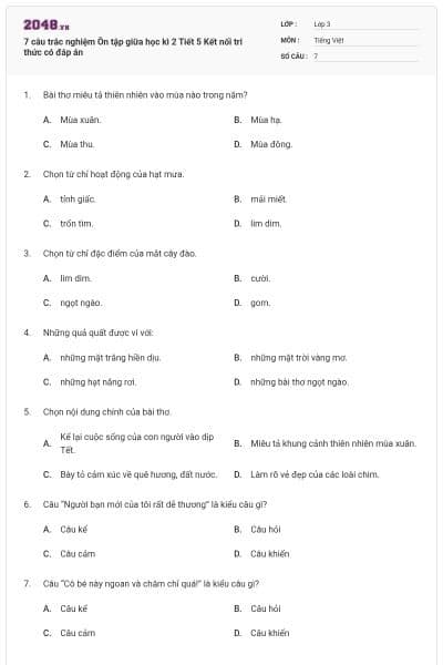 7 câu trắc nghiệm Ôn tập giữa học kì 2 Tiết 5 Kết nối tri thức có đáp án