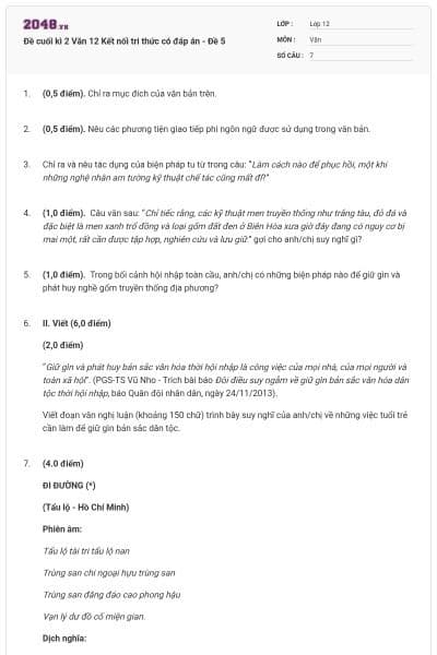 Đề cuối kì 2 Văn 12 Kết nối tri thức có đáp án - Đề 5