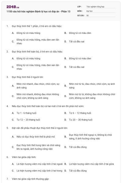 1150 câu hỏi trắc nghiệm Bệnh lý học có đáp án - Phần 13