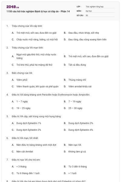 1150 câu hỏi trắc nghiệm Bệnh lý học có đáp án - Phần 14