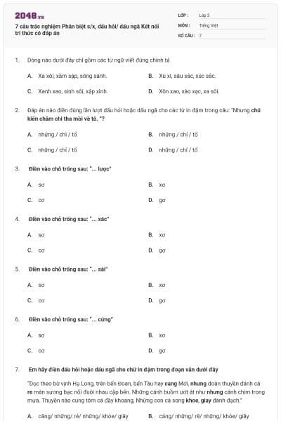 7 câu trắc nghiệm Phân biệt s/x, dấu hỏi/ dấu ngã Kết nối tri thức có đáp án