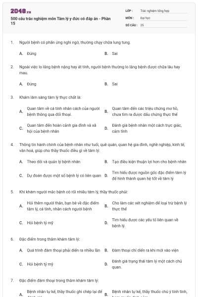 500 câu trắc nghiệm môn Tâm lý y đức có đáp án - Phần 15