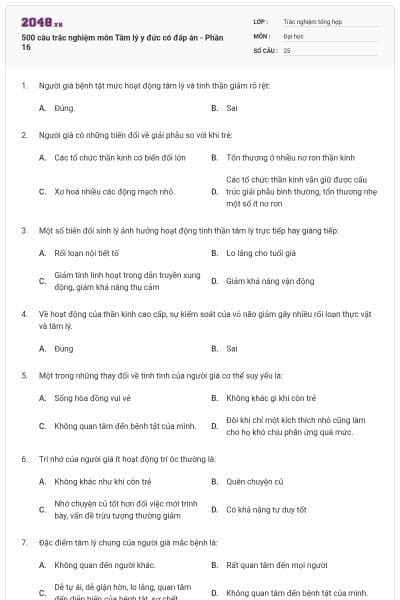 500 câu trắc nghiệm môn Tâm lý y đức có đáp án - Phần 16