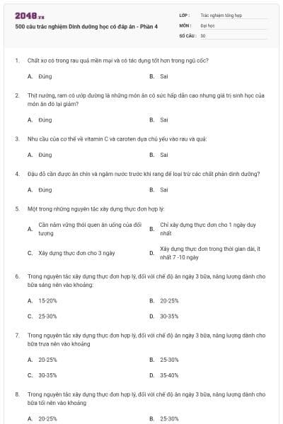500 câu trắc nghiệm Dinh dưỡng học có đáp án - Phần 4