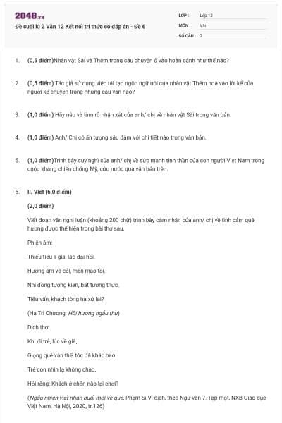 Đề cuối kì 2 Văn 12 Kết nối tri thức có đáp án - Đề 6