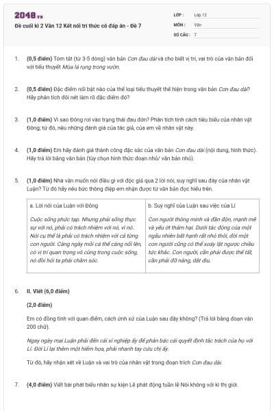 Đề cuối kì 2 Văn 12 Kết nối tri thức có đáp án - Đề 7