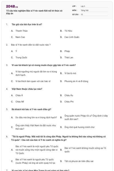 15 câu trắc nghiệm Bác sĩ Y-éc-xanh Kết nối tri thức có đáp án