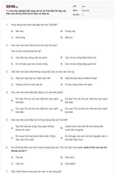 11 câu trắc nghiệm Mở rộng vốn từ về Trái Đất; Ôn tập các kiểu câu đã học Kết nối tri thức có đáp án