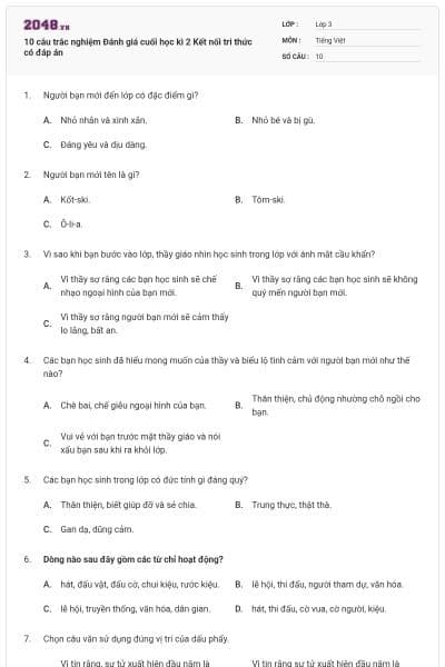 10 câu trắc nghiệm Đánh giá cuối học kì 2 Kết nối tri thức có đáp án