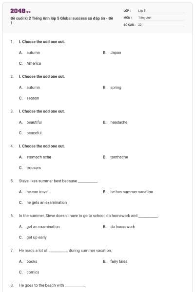 Đề cuối kì 2 Tiếng Anh lớp 5 Global success có đáp án - Đề 1