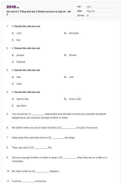 Đề cuối kì 2 Tiếng Anh lớp 5 Global success có đáp án - Đề 2