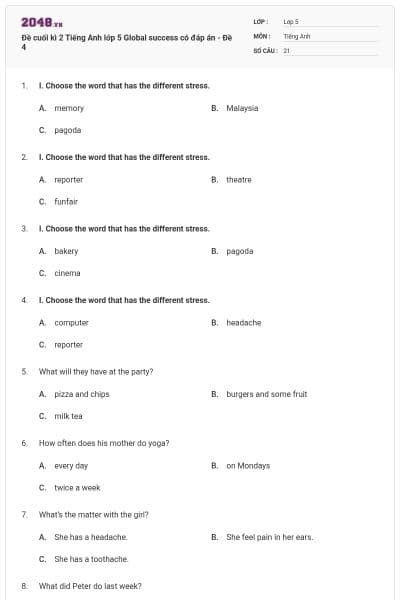 Đề cuối kì 2 Tiếng Anh lớp 5 Global success có đáp án - Đề 4