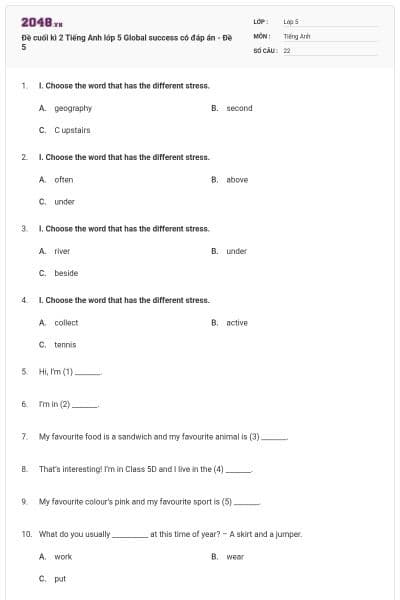 Đề cuối kì 2 Tiếng Anh lớp 5 Global success có đáp án - Đề 5